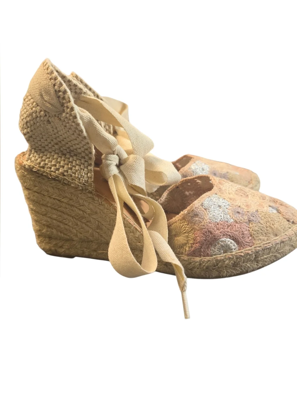 Maypol Spain Espadrilles Leather Crochet Espadrille Tie-Back Wedge Sz. 39/8